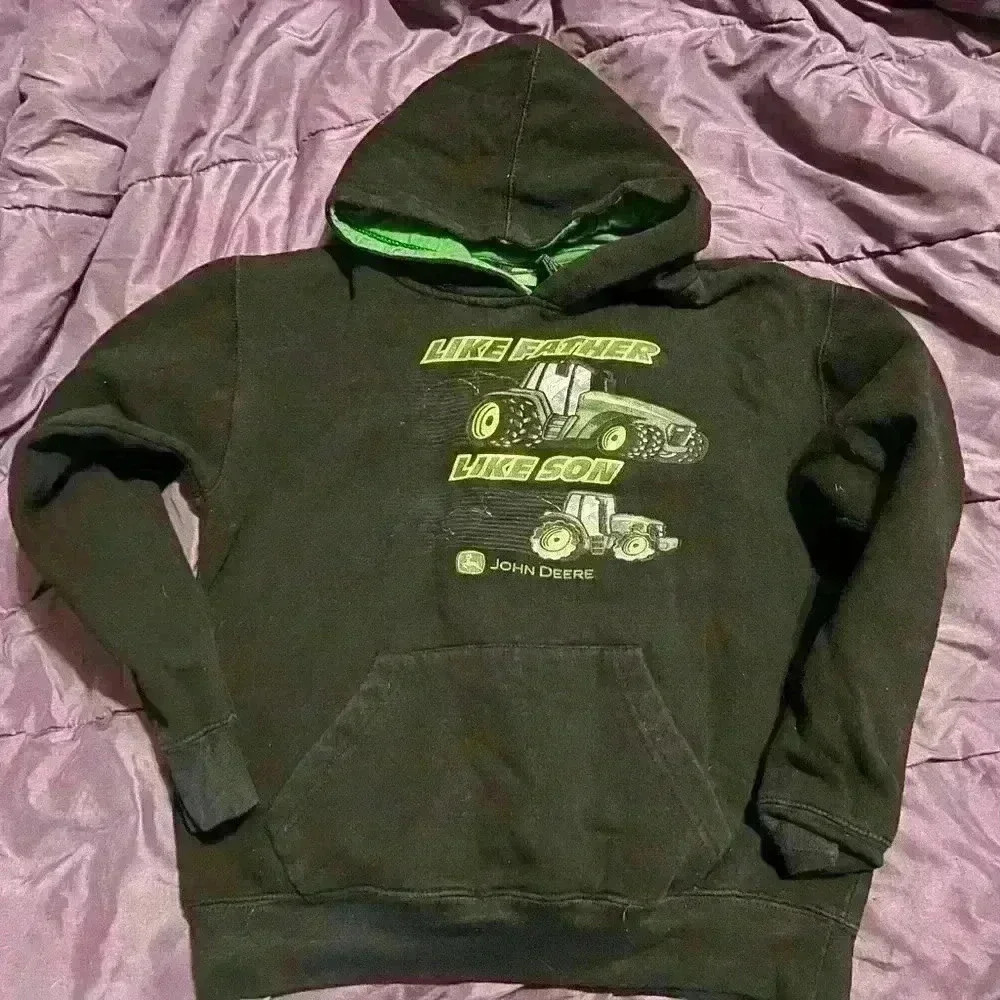 Boys John Deere tractor hoodie size  large 14 black with green accents.